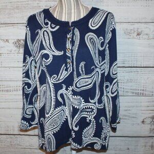 Talbots Blue Parley Print 3/4 Sleeve Top Size Large